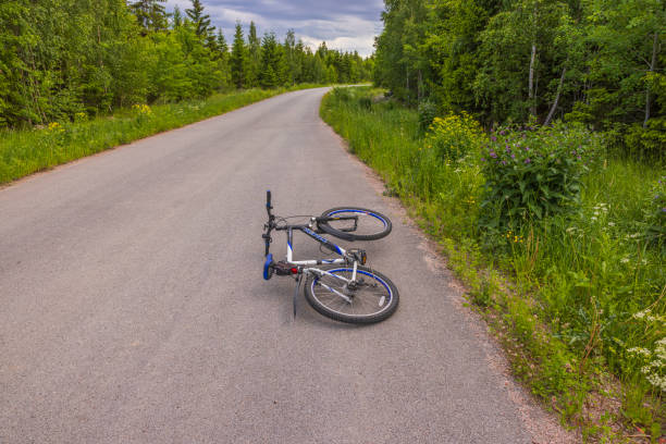 blick auf liegerad auf asphaltstraße mit waldlandschaft im hintergrund. - liegefahrrad stock-fotos und bilder