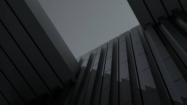 istock Architectural abstract design wall of blocks with ceiling. Black concrete architectural structure. Dark abstract wall design with shadows. 3D render. 1410668163