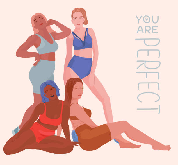 Women of different physiques in swimsuits The beauty of the female body. Women of different physiques in swimsuits. Self acceptance. Self confidence. Flat vector illustration feme stock illustrations