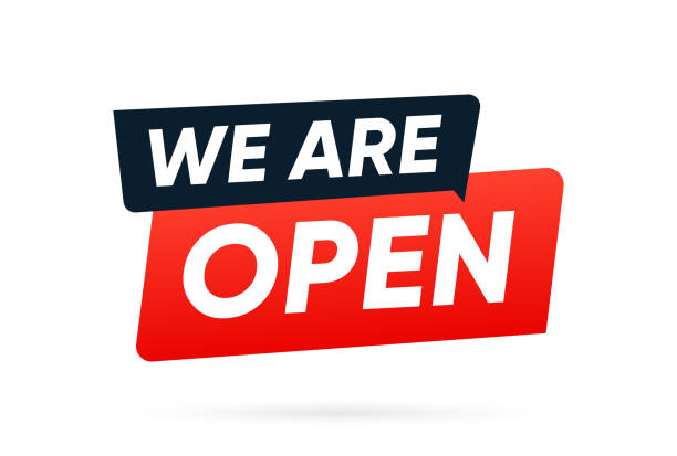 stockillustraties, clipart, cartoons en iconen met we are open text label banner isolated vector design - bord open