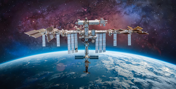 Flight of international space station on background of Earth. 3d illustration.
