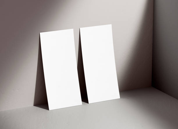 istock Two DL vertical flyer mockup blank paper leaning on a wall for design presentation. White empty leaflet template with shadows on the background in 3D illustration. Stationery concept 1410670984