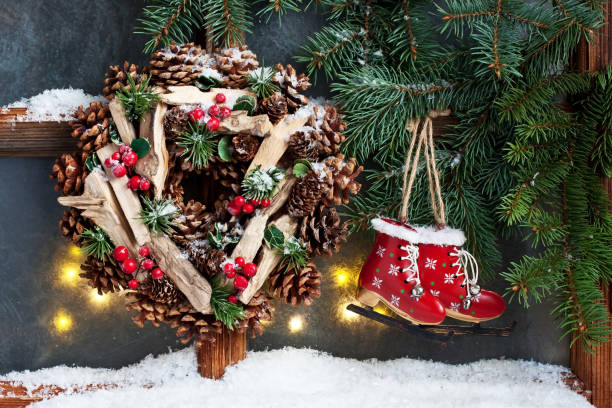 istock Christmas time composition with frost window 1410671116