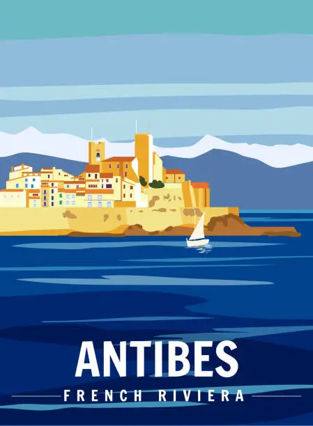 Vector illustration of Antibes Fortress French Riviera Retro Poster. Tropical coast scenic view, palm, Mediterranean marine, sea town.