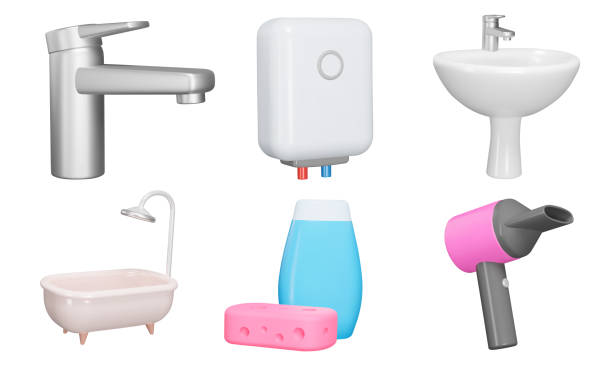Bathroom 3d icon set. Bathroom interior accessories, appliances, plumbing. Isolated objects on a transparent background. Vector illustration Bathroom 3d icon set. Bathroom interior accessories, appliances, plumbing. Isolated objects on a transparent background Faucet stock illustrations
