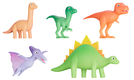 Dinosaurs 3d set. Prehistoric Jurassic lizards. Cute cartoon reptiles, Brontosaurus, Velociraptor, Tyrannosaurus, Pterodactyl and Stegosaurus. Isolated on a transparent background