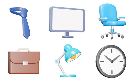 Office 3d icon set. Work in the office. Isolated icons, objects on a transparent background