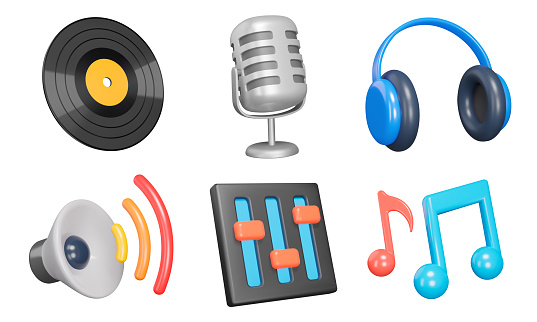 Music 3d icon set. Equipment for listening and recording sound. phonograph record, microphone, headphones, speaker, equalizer, music notes. Isolated icons, objects on a transparent background