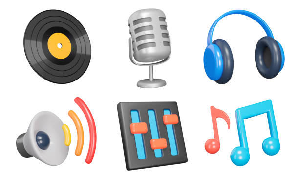Music 3d icon set. Equipment for listening and recording sound. phonograph record, microphone, headphones, speaker, equalizer, music notes. Isolated icons, objects on a transparent background. Vector illustration Music 3d icon set. Equipment for listening and recording sound. phonograph record, microphone, headphones, speaker, equalizer, music notes. Isolated icons, objects on a transparent background music stock illustrations