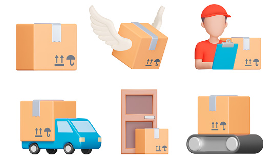 Parcel delivery 3d icon set. Logistics and service. Cardboard box with the parcel. Courier, delivery man, delivery by truck and to the door. Isolated icons, objects on a transparent background