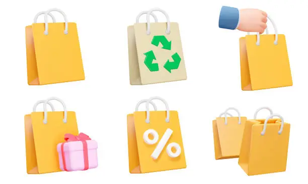 Vector illustration of Shopping bag 3d icon set. Paper package. recycling, hold in hand, gift, discounts, etc. Isolated icons, objects on a transparent background. Vector illustration