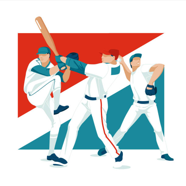 zawodnik drużyny baseballowej z kijami i rękawiczkami. charakter gry sportowej. izolowany na białym tle. płaska ilustracja wektorowa. kolory flagi usa. - baseball isolated stock illustrations