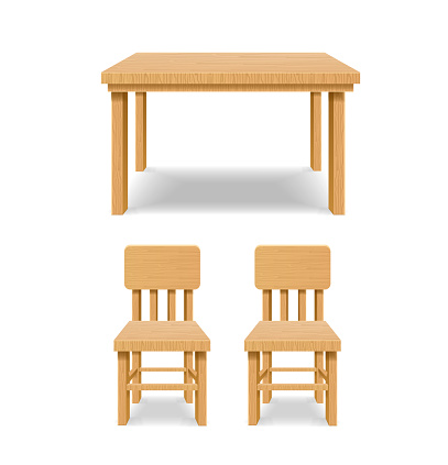 Realistic Detailed 3d Wooden Table and Chairs Set Isolated on a White Background. Vector illustration of Wood Furniture