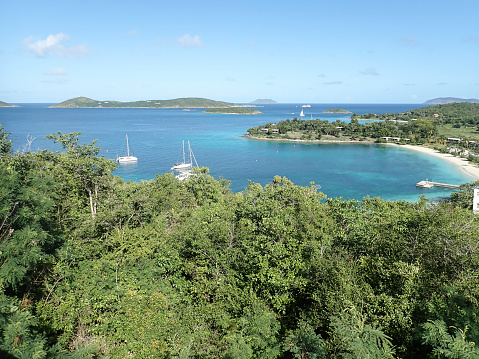 This image shows an overview of Caneel Bay, one of the most spectacular beaches on St. John, US Virgin Island. Sadly, it remains in disrepair as folks squabble with the US Park Service over ownership, responsibility for repairs, and terms of future contracts. It's a spectacular beach often ignored by visitors.