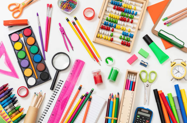 istock Back to school background. School office supply and stationery flat lay on white, top view 1410675921