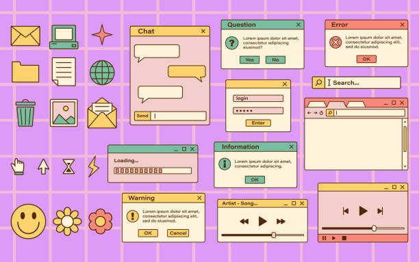 Vector set of retro vaporwave computer interface. Vintage browser and dialog window templates. Nostalgic OS. Retro icons. Vector set of retro vaporwave computer interface. Vintage browser and dialog window templates. Nostalgic OS. Retro icons. outdated technology stock illustrations