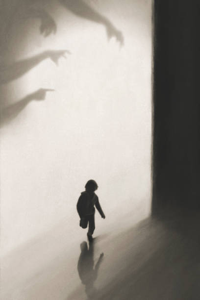 young boy runs away frightened by shadows of hands on the wall who want to catch him vector art illustration