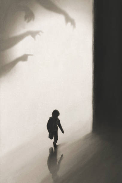young boy runs away frightened by shadows of hands on the wall who want to catch him young boy runs away frightened by shadows of hands on the wall who want to catch him silhouette of bad boy stock illustrations