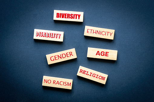 Diversity ethnicity gender age disabilty no racism words written on wooden block, Equality and diversity an tolerance creative concept