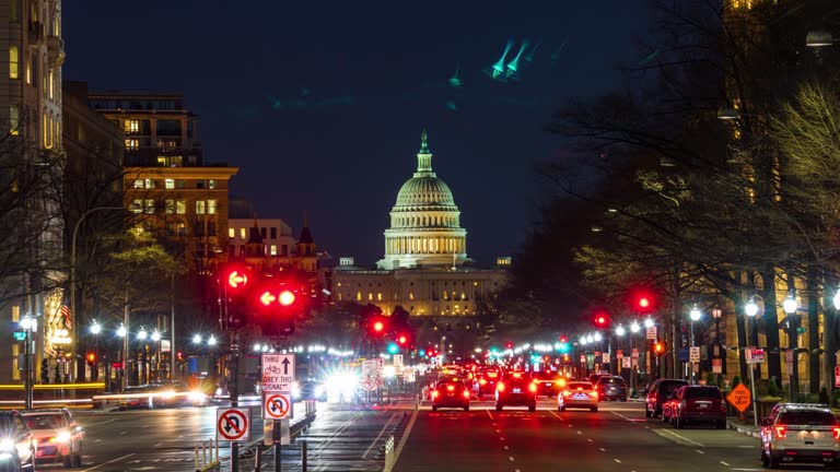 Time Lapse of The United States Capitol Building Cityscape day to night, Washington, D.C.