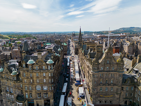 Edinburgh, UK - July 8, 2022: Aerial photo historic architecture Edinburgh Old Town Scotland UK