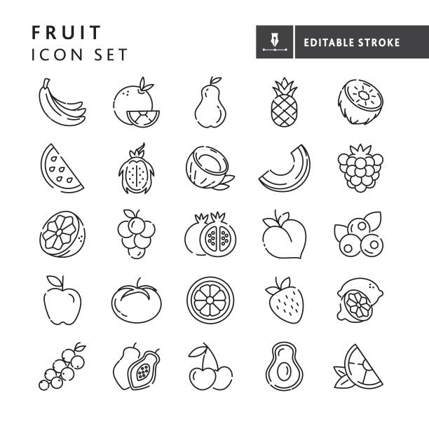 ilustrações, clipart, desenhos animados e ícones de conjunto de ícones de linha fina de frutas frescas e fatiadas inteiras e fatiadas - traço editável - watermelon melon vector vegetable