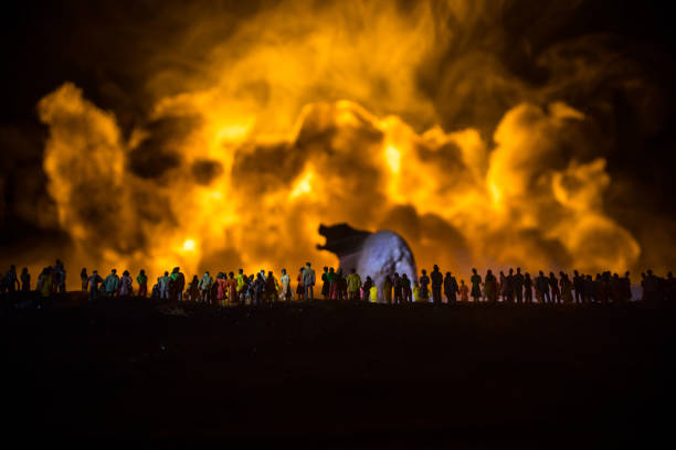 istock Creative artwork decoration war on Ukraine. Crowd looking on giant explosion and attacking soldiers. 1410679790