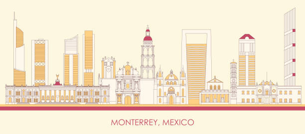 멕시코 몬테레이시의 만화 스카이 라인 파노라마 - nuevo leon stock illustrations
