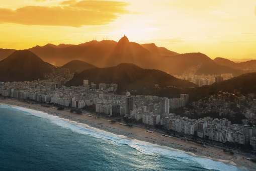 Aerial view of Copacabana at sunset with Corcovado Mountain - Rio de Janeiro, Brazil