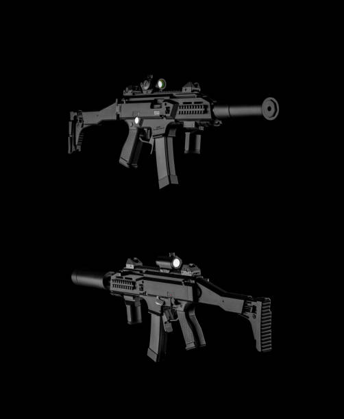 Modern automatic rifle isolated on black background. Weapons for police, special forces and the army. A carbine with optical, mechanical sights and a silencer on a dark background.