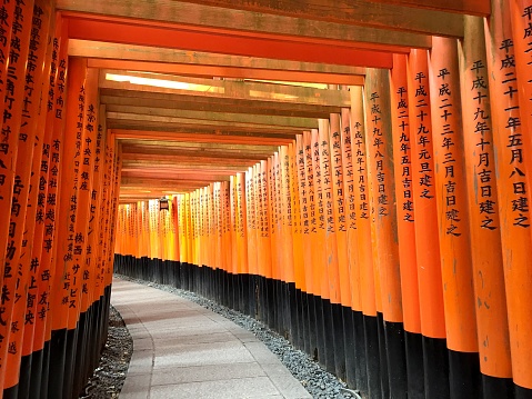 Kyoto, Japan - February 15, 2018: Walking up Fushimi Inari Taisha, the iconic Shinto Shrine in Kyoto featuring hundreds of orange-colored traditional gates along the uphill path.