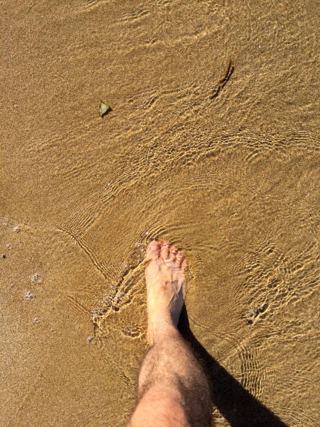 istock Walking on the beach, human foot on the sand with wave 1410683925