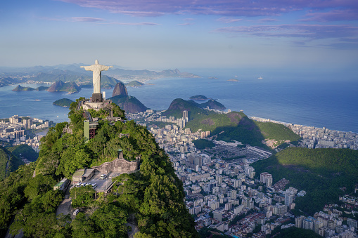 Rio de Janeiro, Brazil - May 3, 2022: Aerial view of Christ the Redeemer Statue and Sugarloaf Mountain - Rio de Janeiro, Brazil