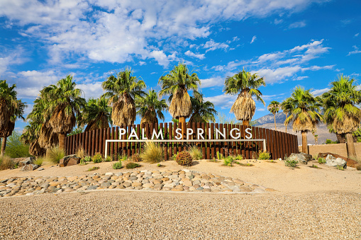 Close view of the Palm Springs Welcome sign along the road