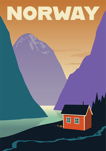 Retro style poster design showing a little house in the Norwegian fjords
