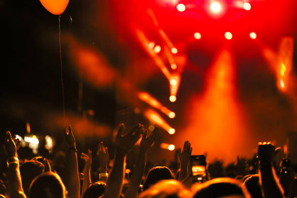 Electronic party Rear view of a large group of people in front of a music festival stage. Crowd is excited and dancing, raising hands, clapping, punching the air, filming with mobile phones, etc... exit festival stock pictures, royalty-free photos & images