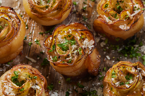 Crispy Potato Roses wrapped in Bacon with Fresh Parsley and Parmesan Cheese