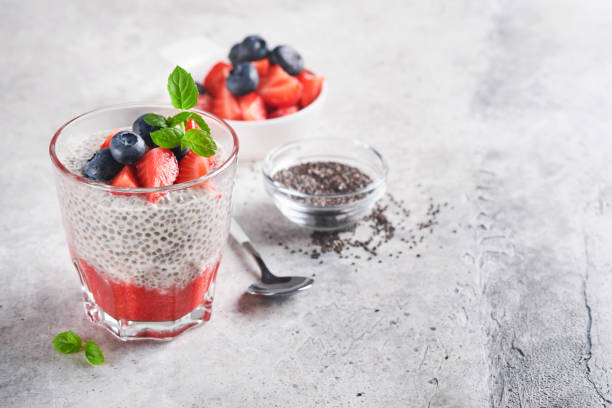 istock Chia strawberry pudding. Healthy vegan breakfast chia seeds pudding with fresh berries and mint in glass on gray concrete background. Concept of healthy eating, dieting, fitness menu. Selective focus. 1410687401