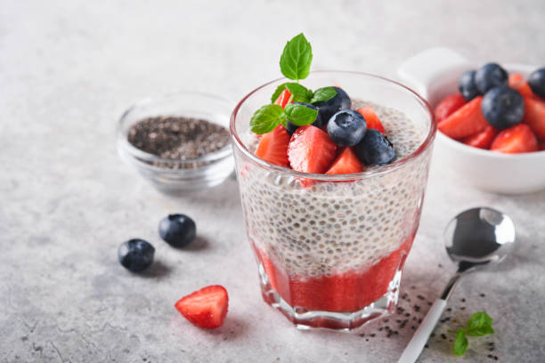 istock Chia strawberry pudding. Healthy vegan breakfast chia seeds pudding with fresh berries and mint in glass on gray concrete background. Concept of healthy eating, dieting, fitness menu. Selective focus. 1410687418