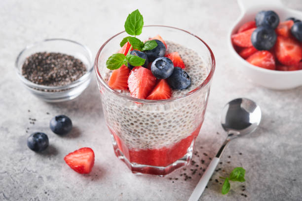 istock Chia strawberry pudding. Healthy vegan breakfast chia seeds pudding with fresh berries and mint in glass on gray concrete background. Concept of healthy eating, dieting, fitness menu. Selective focus. 1410687420