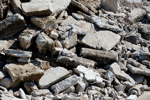 Aerial view concrete and brick rubble debris on construction site