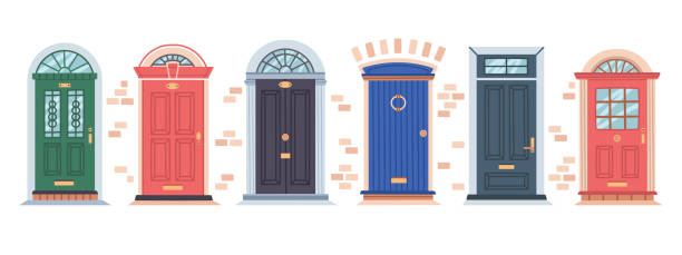 Flat doors, residential house doorways, apartments entrances. Home closed doors, residential building facades doodle vector illustration set. Front doors collection Flat doors, residential house doorways, apartments entrances. Home closed doors, residential building facades doodle vector illustration set. Front doors collection brick house isolated stock illustrations