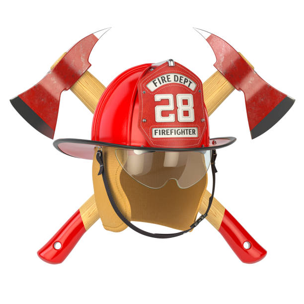 Fire Deprtment Emblem. Firefighter badge on a helmet with fire extinguisher and axe. 3d illustration