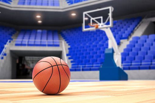Basketball ball on basketball court in an empty basketball arena. 3d illustration
