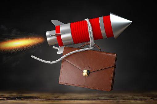 Business idea and start up concept. Briefcase on a flying rocket. 3d illustration