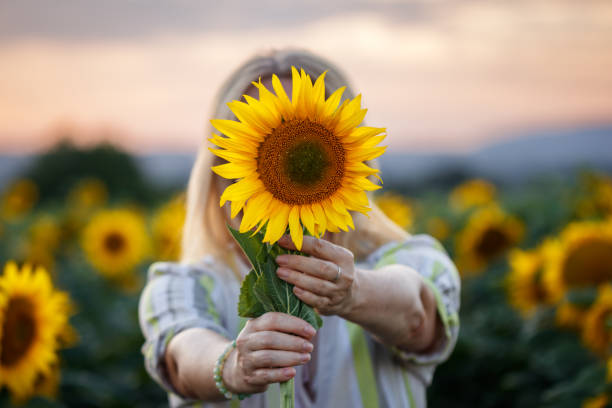 istock Woman holding sunflower in field during sunset 1410691428