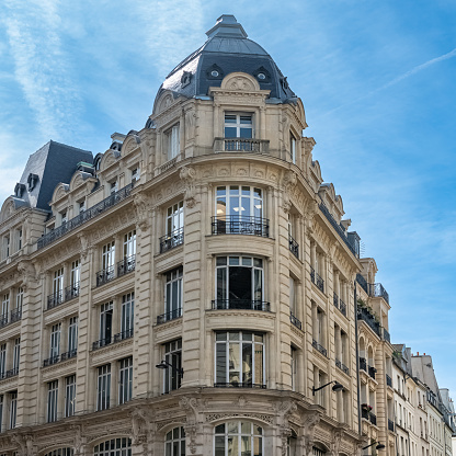 Paris, typical facade and windows, beautiful building rue Reaumur