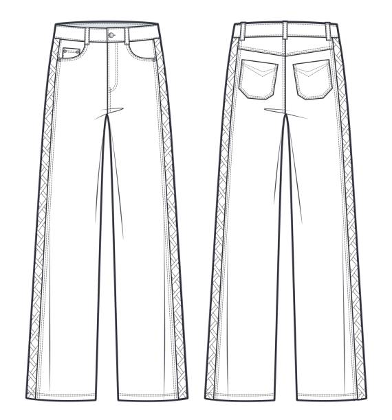 unisex ausschnitte jeans hosen mode flach technische zeichnung vorlage. jeans mittlere taille, ausgestellte passform, damen, herren, vorderansicht, rückansicht, weiß, cad-mockup. - pants suit pocket men stock-grafiken, -clipart, -cartoons und -symbole