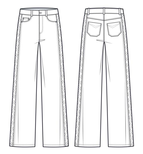 illustrazioni stock, clip art, cartoni animati e icone di tendenza di ritagli unisex pantaloni jeans moda piatta modello di disegno tecnico. jeans vita media, vestibilità svasata, donna, uomo, vista frontale, vista posteriore, bianco, mockup cad. - pants suit pocket men