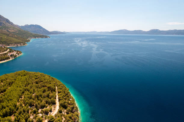 Large expanse of the coastline with a view towards the Pelješac peninsula with a large copy space in the photo stock photo